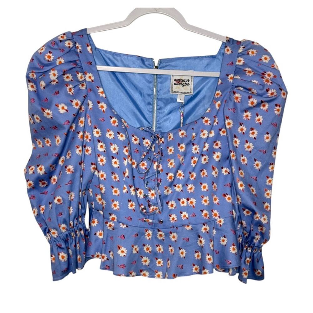 AUTUMN ADEIGIBO Mallory Puff Shoulder Blouse Women 6 Blue Corset Front Fairy NWT
